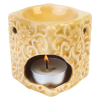 1pce 7.5cm Square Oil Burner with Flower Design Glazed Ceramic - Yellow