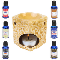 Oil Burner + Satya Oils Set 7pce Yellow Glazed Ceramic 7.5cm Square Floral Design