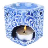 1pce 7.5cm Square Oil Burner with Flower Design Glassed Ceramic - Blue