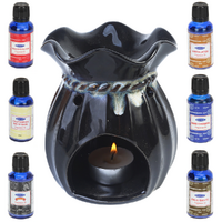 Oil Burner + Satya Oils Set 7pce Vintage Style 12.5cm Dark Glazed Ceramic