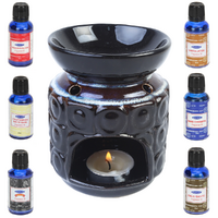 Oil Burner + Satya Oils Set 7pce 12cm Round Circles Glazed Ceramic