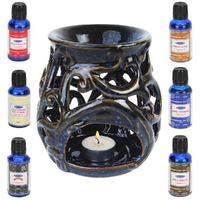 Oil Burner + Satya Oils Set 7pce Large 15cm Deep Blue