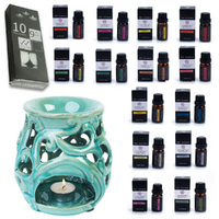 Oil Burner Kit + 14 Essential Oils Scents & 10 Tealight Candles, Green Ornate