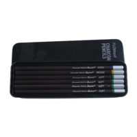 New 6pc Sketch Charcoal Pencil in Metal Storage Tin Box Soft Medium Hard Tips