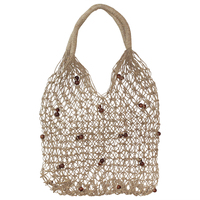 1pce 65cm Carry Tote Shopping Bag Brown Beads Natural Seagrass Woven Hessian Style