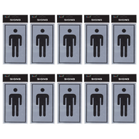 10pce Male Toilet 15cm Signs Set Silver/Black Brushed Steel Self Adhesive
