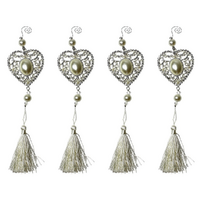 4x Wedding Tassels Set Hanging Heart Design Decoration Metal Silver w/ Pearls 30cm