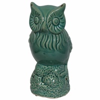 23cm Vintage Style Green Ceramic Owl Bird on Perch with Crackle Effect MQ-136