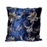 40x40 Designer Vintage Style Cushion Blue Velvet Feel with Black & Silver Trim