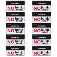 10pce No Junk Mail 20cm Signs Set Plastic White/Black/Red Self Adhesive Letterbox