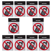 10pce No Mobile Phone Brushed Steel 14cm Signs Set Black/Red/Silver Non-adhesive