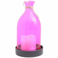 27cm Pink Glass Candle Party Lantern with Black Metal Base and String Bow