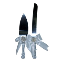 1 x Wedding Cake Knife & Serve Set Broach Diamante Center & Ribbon MQ-332