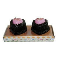 Set of 2 Happy Birthday Love Heart Cake Wax Candles Brown / Pink