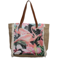 Pink Flamingo Shopping / Beach Tote Bag Zip Up Tropical Print Hessian FREE CLUTCH 