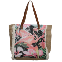 Pink Flamingo Shopping / Beach Tote Bag Zip Up Tropical Print Hessian Free Clutch 