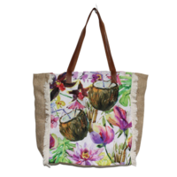 Coconuts Shopping / Beach Tote Bag Zip Up Tropical Print Hessian FREE CLUTCH 