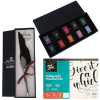 12pce Calligraphy Intro Bundle Black Feather Dipping Pen, Colour Inks & Workbook