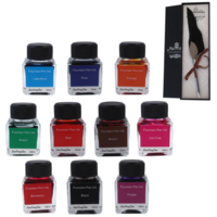 11pce Calligraphy Ink & Free Feather Pen Bundle 250ml Total Glass Jars