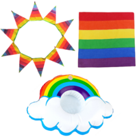 3pce Gay Pool Party Bundle of Inflatable Cup Holder, Rainbow Bandana & Banner