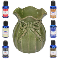 Oil Burner + Satya Oils Set 7pces Green Glazed Ceramic 12.5cm