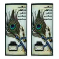 2x Calligraphy Pen Set Peacock Feather 6 Nibs, Ink & Pen Holder Gift Box