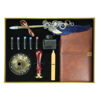 11pce 25cm Blue Steampunk Feather Calligraphy Pen Set Ink, Holder, Wax & Book