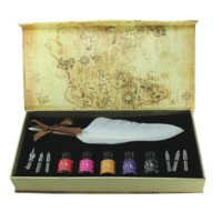 Calligraphy Pen Set 12pce White Feather 7 Nibs 5 Coloured Inks In Gift Box
