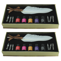 2x Calligraphy Pen Sets White Feather 7 Nibs 5 Coloured Inks In Gift Box