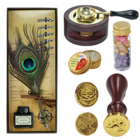 Calligraphy Pen & Wax Stamp Set Peacock 6 Nibs, Ink, Holder, & Melter Gift Boxes