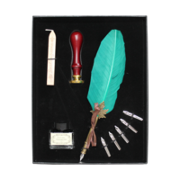 9pce 22cm Aqua Feather 6 Nib Calligraphy Pen Set with Ink, Wax & Stamp Gift Box