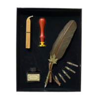 9pce 22cm Brown Feather 6 Nib Calligraphy Pen Set with Ink, Wax & Stamp Gift Box