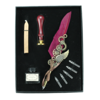 9pce 24cm Burgundy Feather 6 Nib Calligraphy Pen Set with Ink, Wax, Stamp Gift
