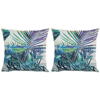 2x Palm Leaves Cushions With Insert Features Rear Zip 45cm Tropical Green & Blue
