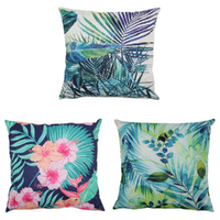 3pce Blue & Green Cushions Set 45cm Tropical Flowers & Leaves Designs Bundle