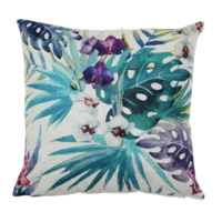 Monstera & Orchid Flower Cushion With Insert Rear Zip 45cm Teal & Purple