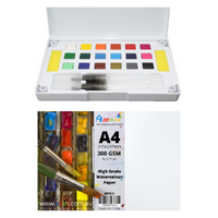 A4 Watercolour Paper 300gsm + Paint Pan Set with Palette & Brushes Pack