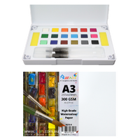 A3 Watercolour Paper 300gsm + Paint Pan Set with Palette & Brushes Pack