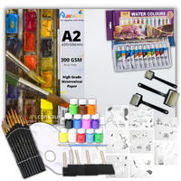 Mega Watercolour Painting Kit A2 Paper, Brushes, Palettes, Stencils, Paint Set
