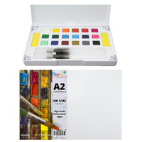 A2 Watercolour Paper 300gsm + Paint Pan Set with Palette & Brushes Pack