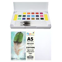 A5 Cotton Watercolour Paper 300gsm + Paint Pan Set with Palette & Brushes Pack