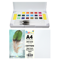 A4 Cotton Watercolour Paper 300gsm + Paint Pan Set with Palette & Brushes Set