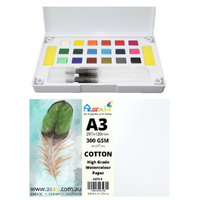 A3 Cotton Watercolour Paper 300gsm + Paint Pan Set with Palette & Brushes Set