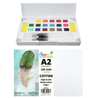 A2 Cotton Watercolour Paper 300gsm + Paint Pan Set with Palette & Brushes Set