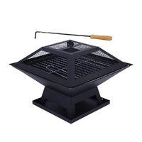 Fire Pit Brazier & BBQ Grill with Mesh Cover & Lid Lifter Square 46.5cm