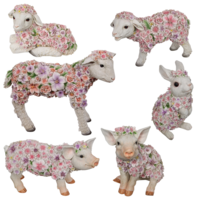 6pce Farm Animals Set Rabbit, Lambs, Piglets Floral Pink Purple Colours Resin D̩cor
