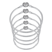 Bracelet Set 5 Sizes Diamante Heart Pendant Snake Chain Silver Jewellery Accessory