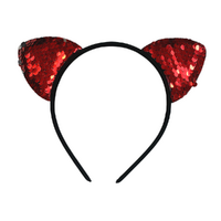 Sequin Red Cat Ears Headband, Dress Up Costume Accessory Kids/Adult Plastic