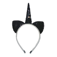 Dark Sequin Black Cat Ears Headband, Dress Up Costume Accessory Kids Plastic