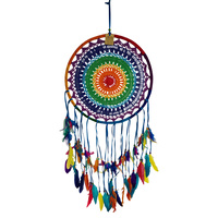 New 1pce 42cm Hippie Round Rainbow Dream Catcher Doily Rainbow Colouring with Feathers Hand Made
